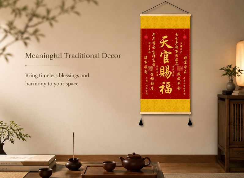 Tianguan Bestows Blessings Scroll – Traditional Chinese Hanging Décor | Feng Shui Fortune Wall Art | Red & Gold Calligraphy