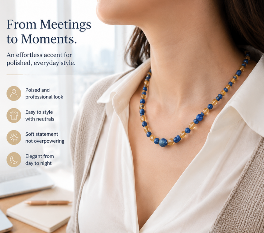 Blue & Gold Harmony Necklace – Natural Blue Kyanite & Yellow Citrine Beads | Light Luxury Everyday Elegance | Calm & Uplifting