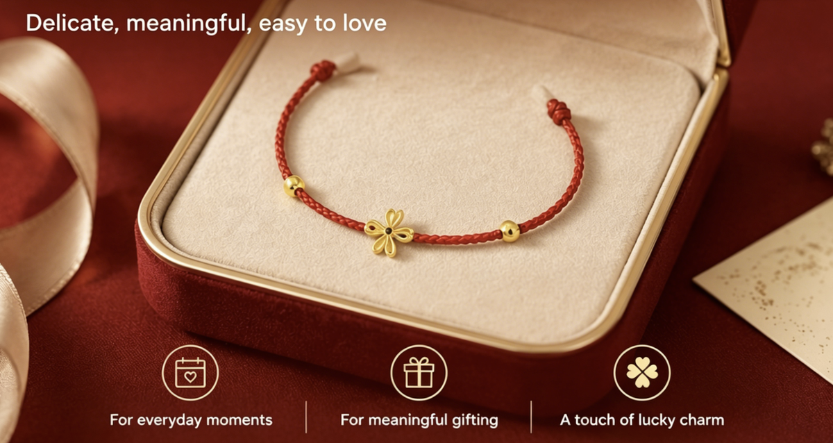 Red String Four-Leaf Clover Bracelet – Gold Lucky Charm | Traditional Protection Cord | Minimalist Fortune Jewelry | Everyday Wear
