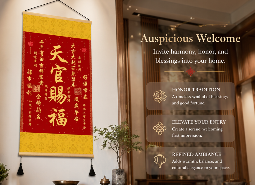 Tianguan Bestows Blessings Scroll – Traditional Chinese Hanging Décor | Feng Shui Fortune Wall Art | Red & Gold Calligraphy