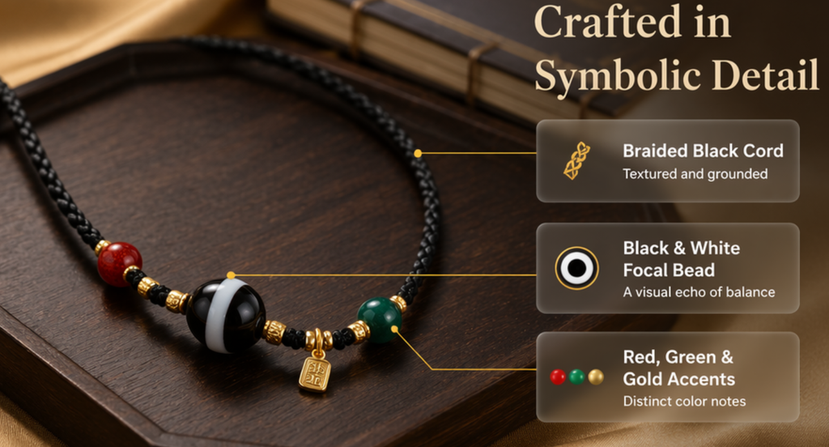 Tibetan Eye Agate Necklace – Black & White Banded Stone | Carnelian, Turquoise & Gold Fu Charm | Protection Pendant