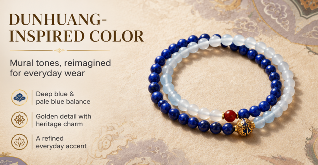Dunhuang Lapis Lazuli & Aquamarine Double Bracelet – Celestial Blue Gemstone Stack | Gold Buddha Charm | Clarity & Calm