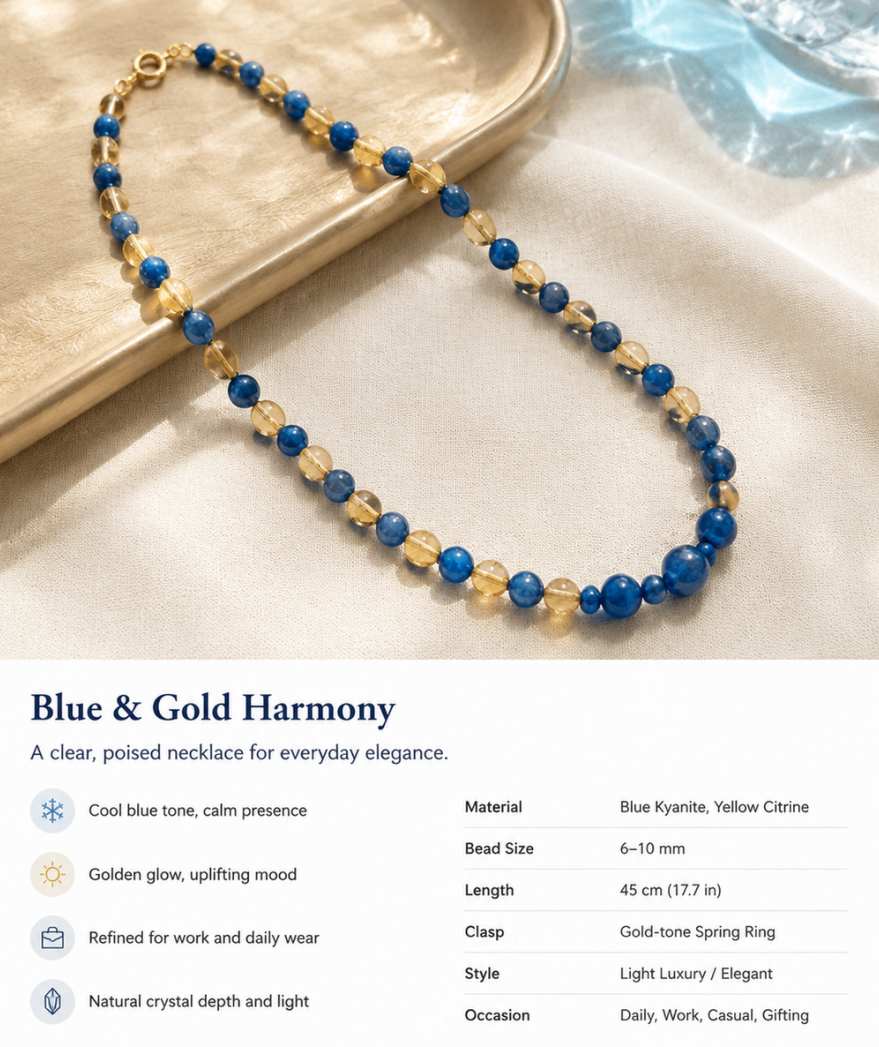 Blue & Gold Harmony Necklace – Natural Blue Kyanite & Yellow Citrine Beads | Light Luxury Everyday Elegance | Calm & Uplifting