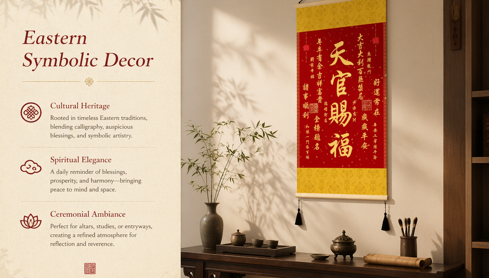 Parchemin La Bénédiction du Ciel (Tianguan Cifu) – Décoration Murale Chinoise Traditionnelle | Art Mural Feng Shui de la Fortune | Calligraphie Rouge et Or