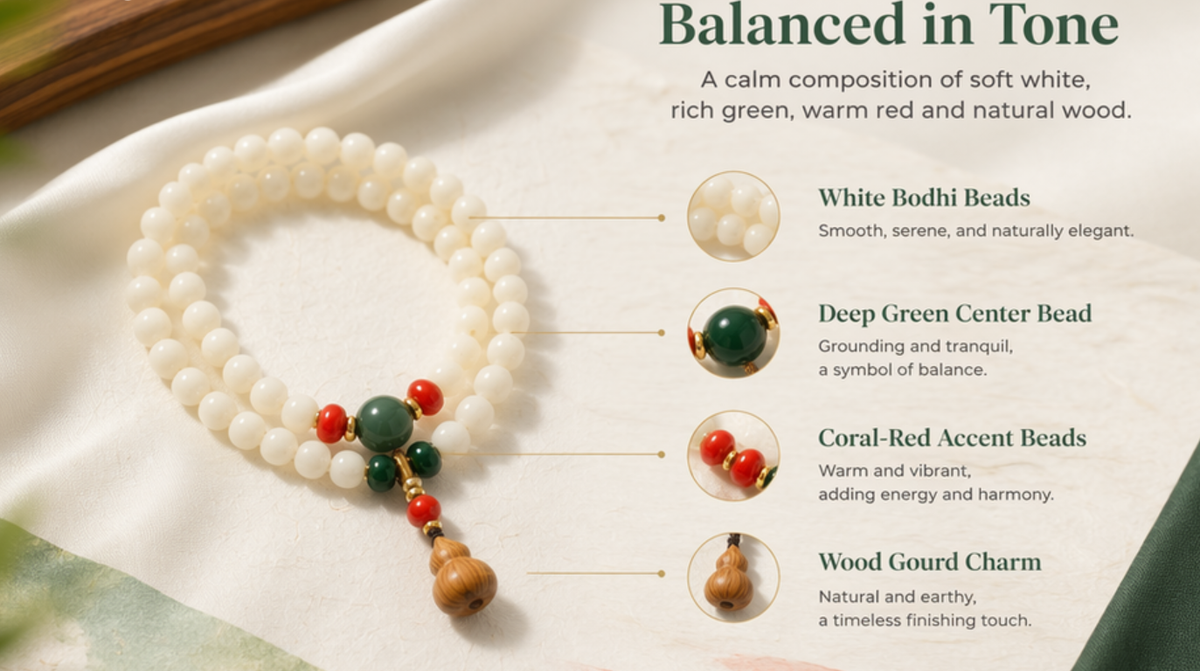 Dunhuang White Bodhi Seed Bracelet – Natural Prayer Beads | Jade & Coral Accent | Gourd Charm | Buddhist Meditation Jewelry
