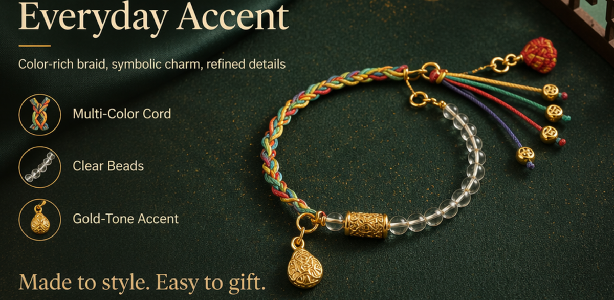 Five Blessings Woven Crystal Bracelet – Colorful Fortune Cord | Clear Quartz & Gold Gourd Charm | Wealth · Health · Peace