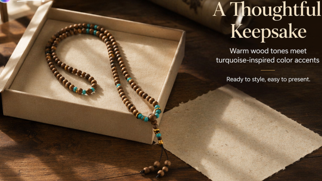 Agarwood 108 Mala Necklace – Natural Fragrant Wood Prayer Beads | Turquoise Accent | Tassel & Gold Finish | Meditation Jewelry