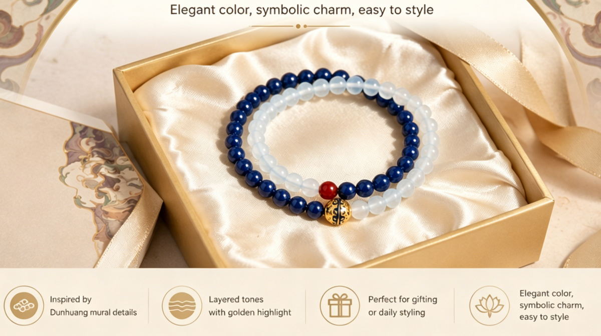 Dunhuang Lapis Lazuli & Aquamarine Double Bracelet – Celestial Blue Gemstone Stack | Gold Buddha Charm | Clarity & Calm