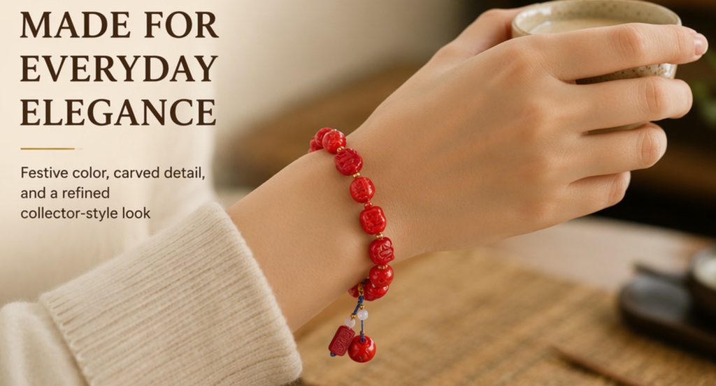 Cinnabar Hundred Treasures Bracelet – Hand-Carved Pixiu, Lotus & Fortune Symbols | Deep Red Vermilion | Full Blessing Talisman