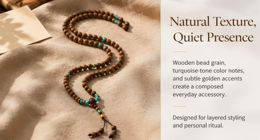 Agarwood 108 Mala Necklace – Natural Fragrant Wood Prayer Beads | Turquoise Accent | Tassel & Gold Finish | Meditation Jewelry