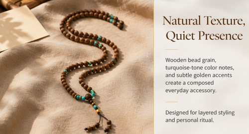 Agarwood 108 Mala Necklace – Natural Fragrant Wood Prayer Beads | Turquoise Accent | Tassel & Gold Finish | Meditation Jewelry