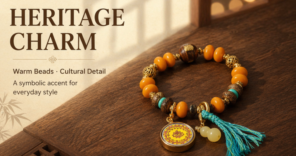 Tibetan Ushnisha Sitatapatra Bracelet – Beeswax Amber & Agarwood | Thangka Protection Coin | Turquoise Tassel Charm
