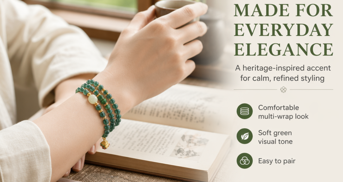 Green Phantom Quartz 108 Mala Bracelet – Full Prayer Bead Strand | Wrap Style | Gold Accents & White Jade Charm