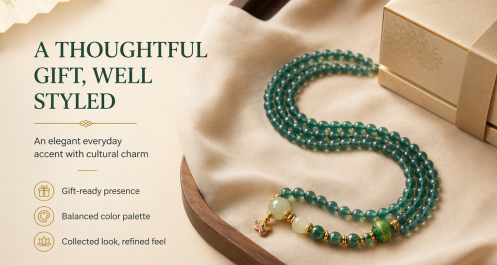 Green Phantom Quartz 108 Mala Bracelet – Full Prayer Bead Strand | Wrap Style | Gold Accents & White Jade Charm
