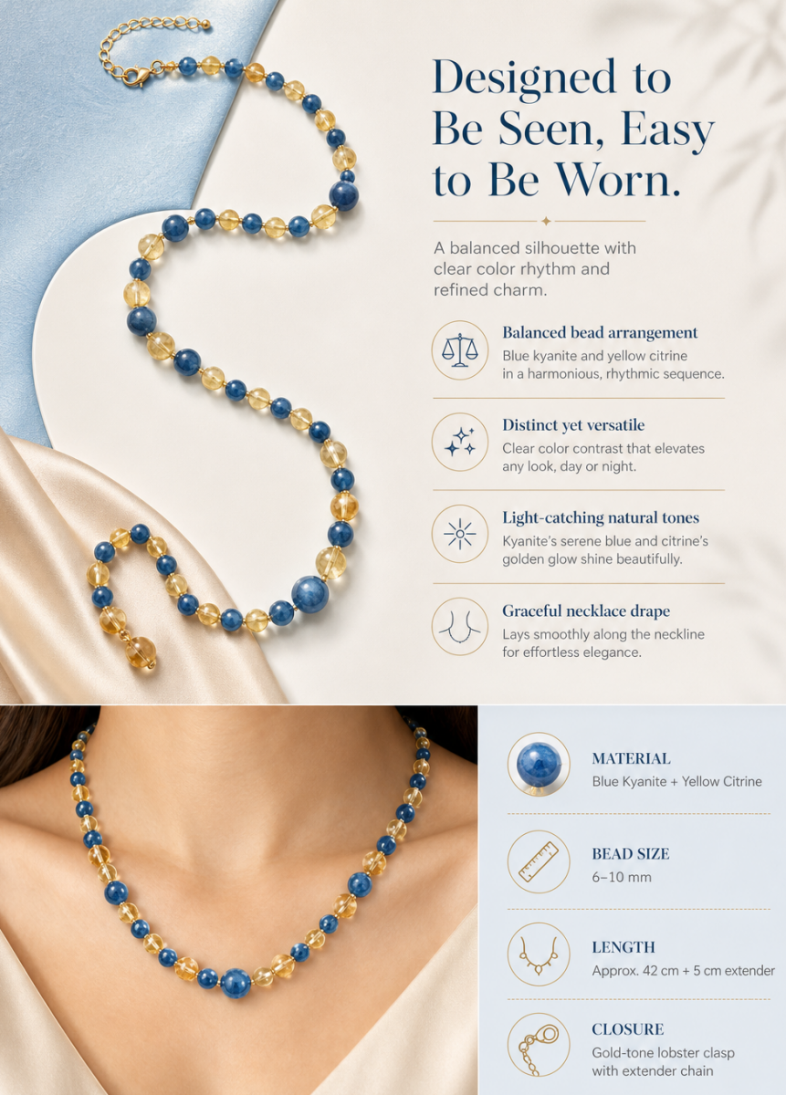 Blue & Gold Harmony Necklace – Natural Blue Kyanite & Yellow Citrine Beads | Light Luxury Everyday Elegance | Calm & Uplifting