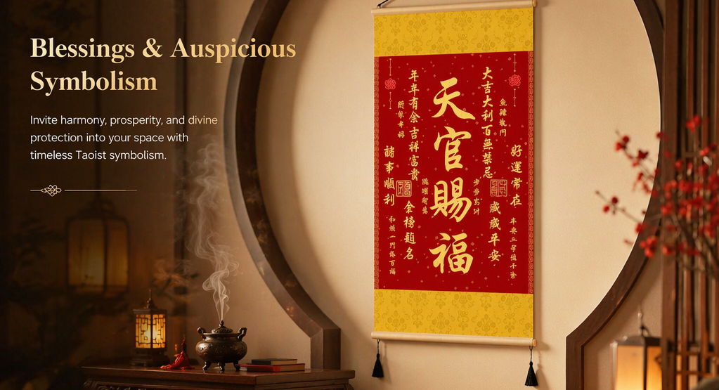 Tianguan Bestows Blessings Scroll – Traditional Chinese Hanging Décor | Feng Shui Fortune Wall Art | Red & Gold Calligraphy
