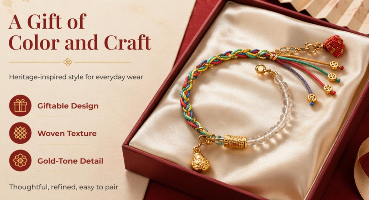 Five Blessings Woven Crystal Bracelet – Colorful Fortune Cord | Clear Quartz & Gold Gourd Charm | Wealth · Health · Peace
