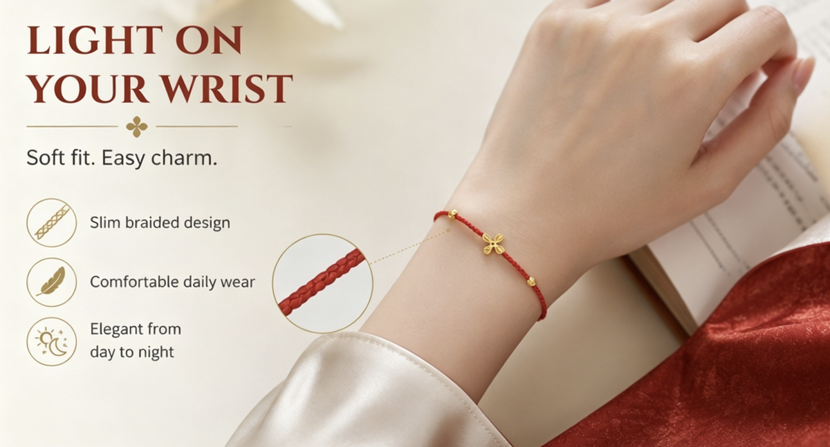 Red String Four-Leaf Clover Bracelet – Gold Lucky Charm | Traditional Protection Cord | Minimalist Fortune Jewelry | Everyday Wear