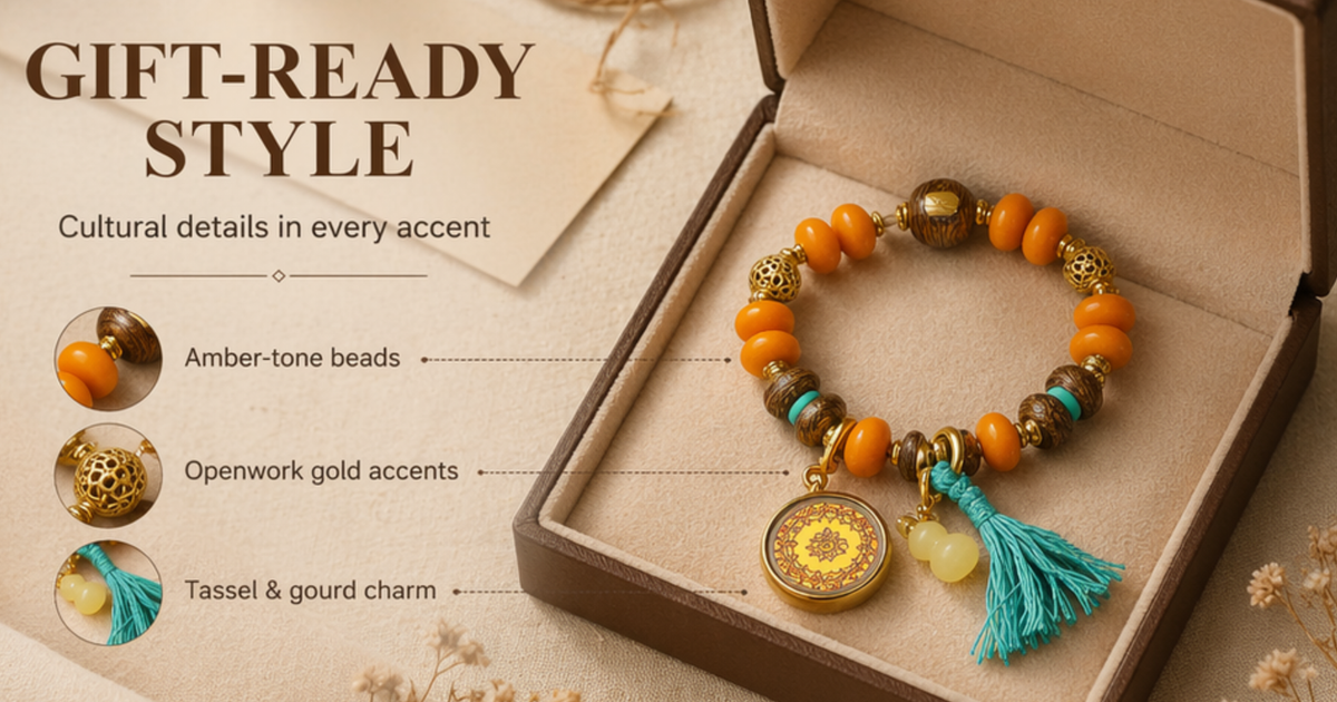 Tibetan Ushnisha Sitatapatra Bracelet – Beeswax Amber & Agarwood | Thangka Protection Coin | Turquoise Tassel Charm