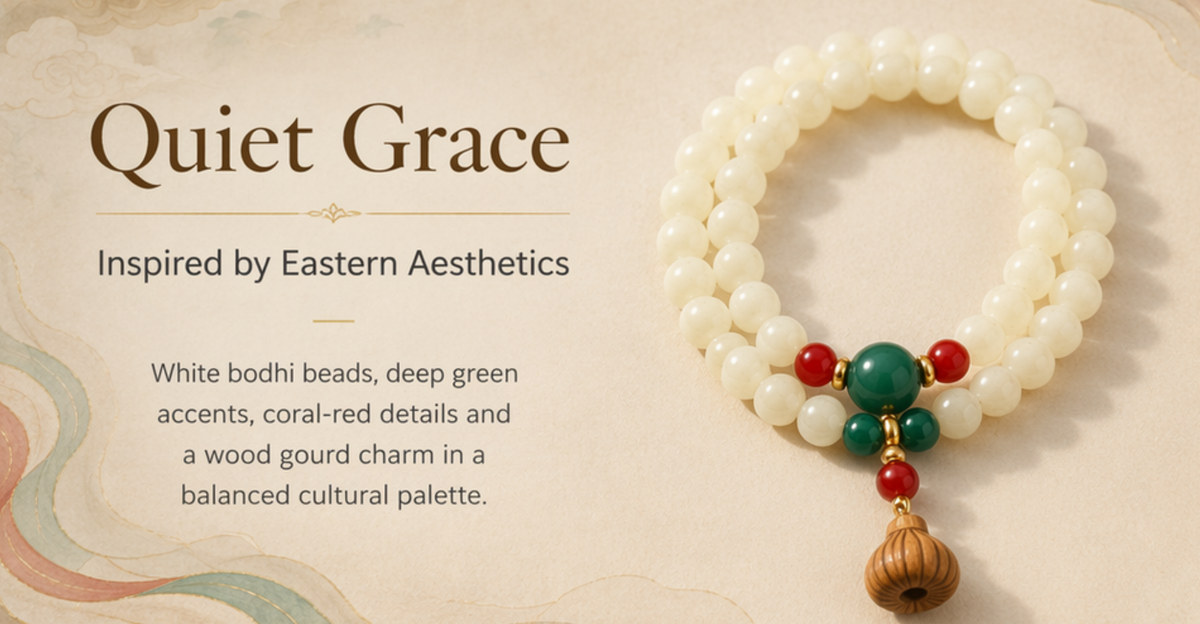 Dunhuang White Bodhi Seed Bracelet – Natural Prayer Beads | Jade & Coral Accent | Gourd Charm | Buddhist Meditation Jewelry