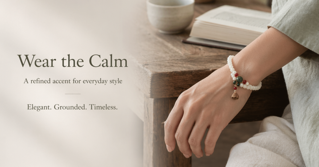 Dunhuang White Bodhi Seed Bracelet – Natural Prayer Beads | Jade & Coral Accent | Gourd Charm | Buddhist Meditation Jewelry