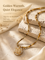 Tiger Eye & Shell Pearl Pixiu Pendant Necklace – Natural Gemstone Beaded Strand | Gold Carved Medallion | Wealth & Protection