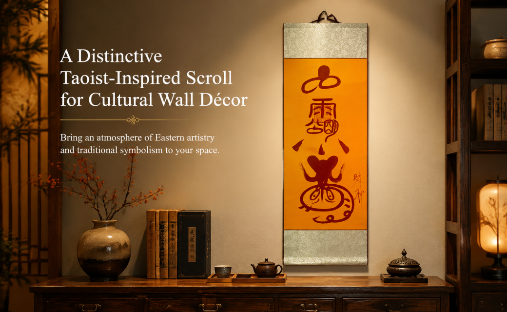 Hand-drawn-empowerment-Taoist Rain & Mountain Spirit Scroll – Saffron Hanging Wall Art | 5-Space Versatile Display | Entryway, Study, Tea Room, Meditation & Business