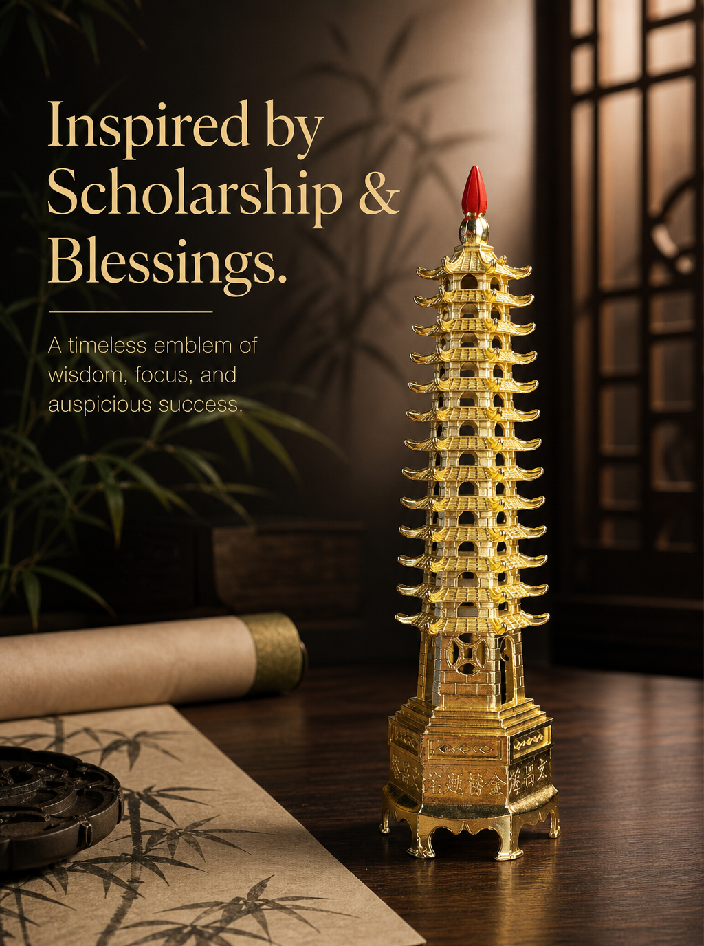 Wenchang Pagoda – Gold Feng Shui Tower for Academic Success & Career Luck | 9-Tier Brass Desk Ornament | Scholar's Blessing