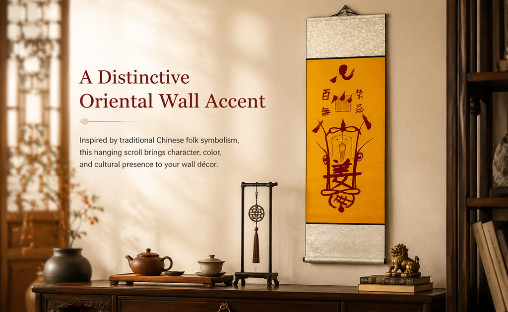 Hand-drawn-empowerment-Taoist Folk Talisman Scroll – Saffron & Cinnabar Hanging Wall Art | Traditional Chinese Folk Symbolism | Study, Tea Room & Living Space