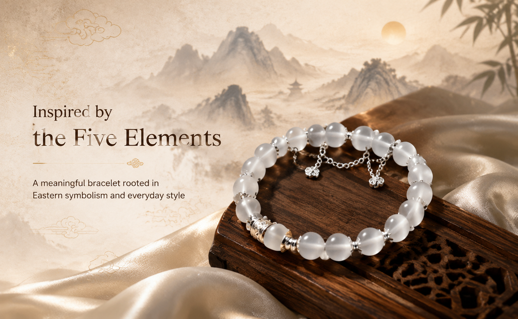 White Moonstone Cat's Eye Bracelet – Five Elements Accent Bead | Silver Charm & Lobster Clasp | Feng Shui Crystal Jewelry