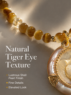 Tiger Eye & Shell Pearl Pixiu Pendant Necklace – Natural Gemstone Beaded Strand | Gold Carved Medallion | Wealth & Protection