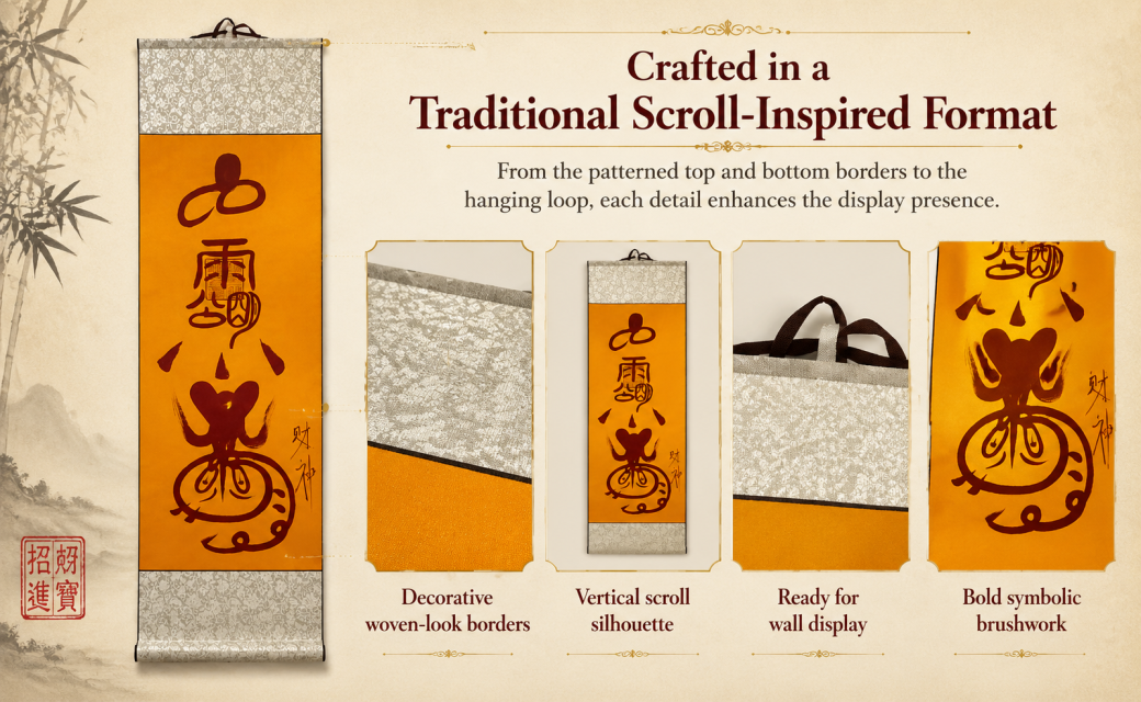 Hand-drawn-empowerment-Taoist Rain & Mountain Spirit Scroll – Saffron Hanging Wall Art | 5-Space Versatile Display | Entryway, Study, Tea Room, Meditation & Business