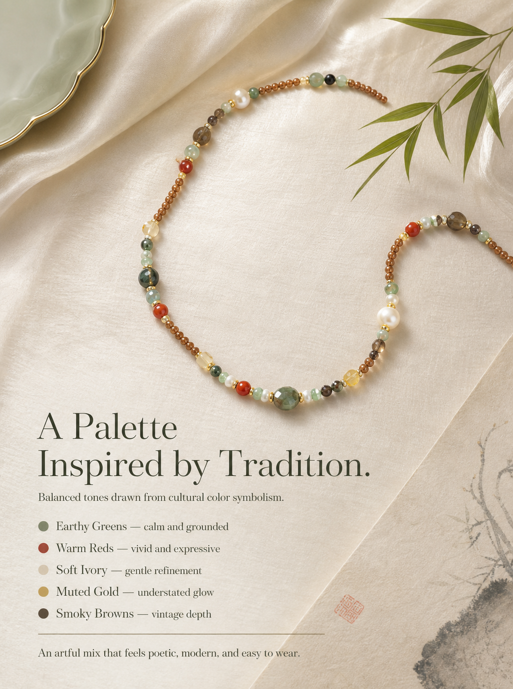 Traditional Palette Gemstone Necklace – Natural Jade, Agate & Pearl Beads | Earth-Tone Cultural Jewelry | Poetic Everyday Wear
