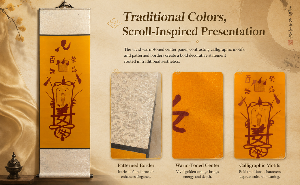 Hand-drawn-empowerment-Taoist Folk Talisman Scroll – Saffron & Cinnabar Hanging Wall Art | Traditional Chinese Folk Symbolism | Study, Tea Room & Living Space