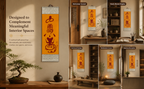 Hand-drawn-empowerment-Taoist Rain & Mountain Spirit Scroll – Saffron Hanging Wall Art | 5-Space Versatile Display | Entryway, Study, Tea Room, Meditation & Business
