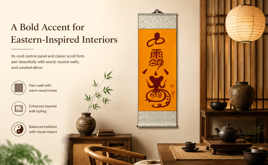 Hand-drawn-empowerment-Taoist Rain & Mountain Spirit Scroll – Saffron Hanging Wall Art | 5-Space Versatile Display | Entryway, Study, Tea Room, Meditation & Business
