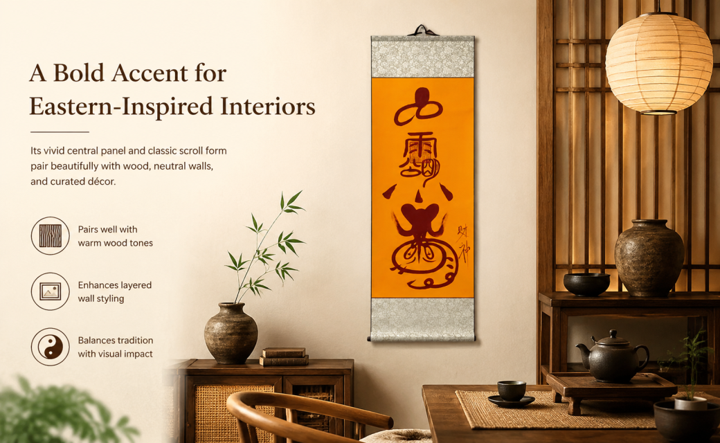 Hand-drawn-empowerment-Taoist Rain & Mountain Spirit Scroll – Saffron Hanging Wall Art | 5-Space Versatile Display | Entryway, Study, Tea Room, Meditation & Business
