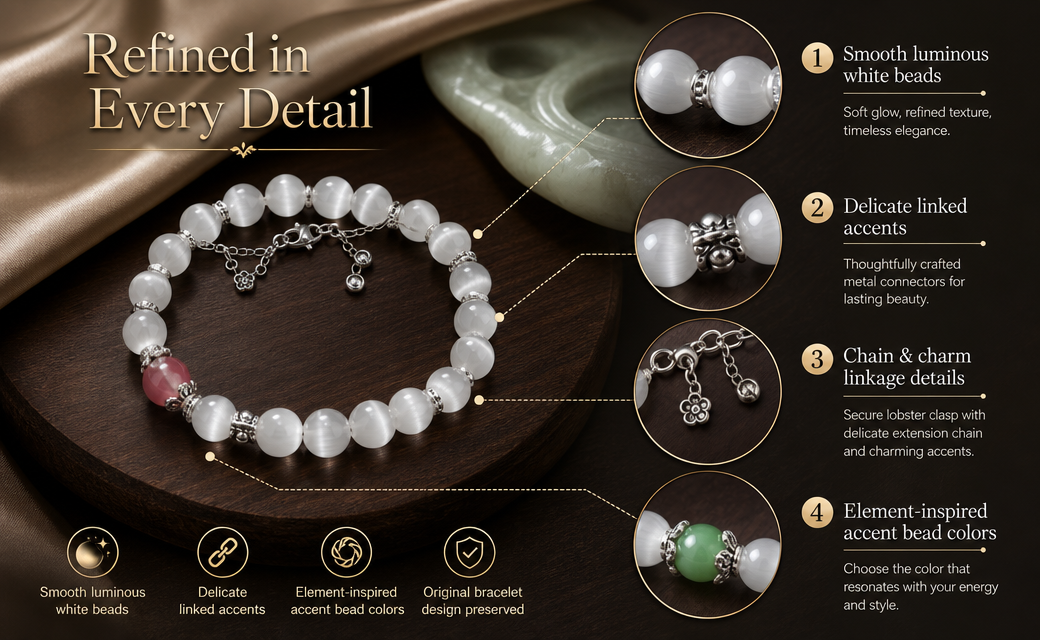 White Moonstone Cat's Eye Bracelet – Five Elements Accent Bead | Silver Charm & Lobster Clasp | Feng Shui Crystal Jewelry