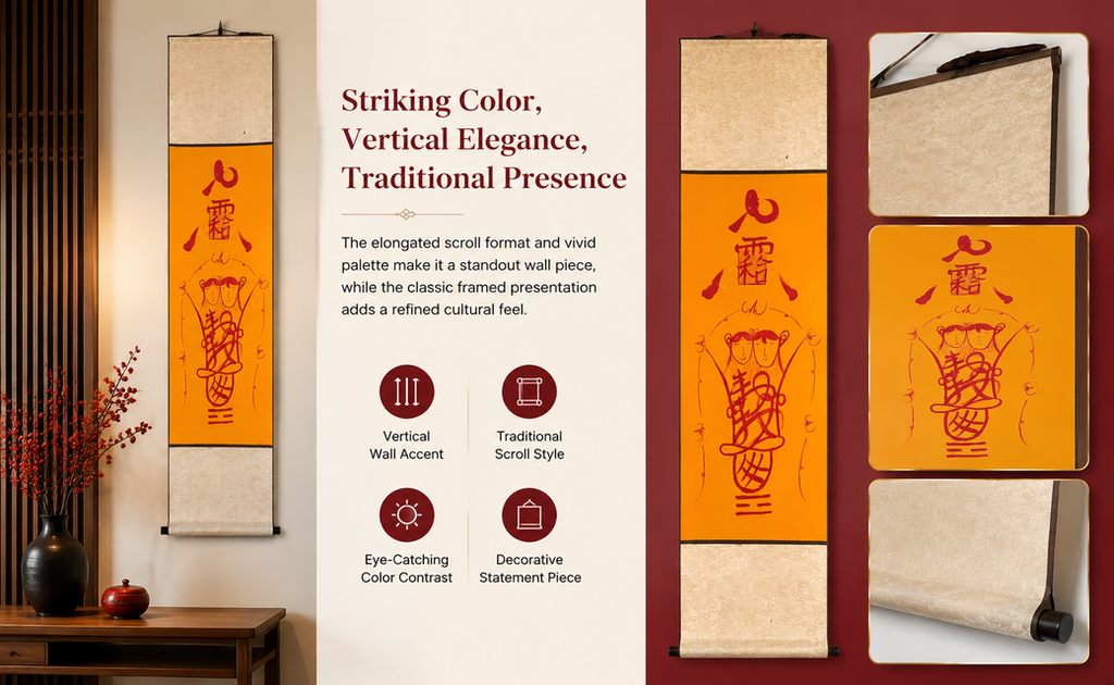 Hand-drawn-empowerment-aoist Thunder God Talisman Scroll – Hanging Wall Art | Saffron & Cinnabar Brushwork | Entryway, Study & Tea Room Décor