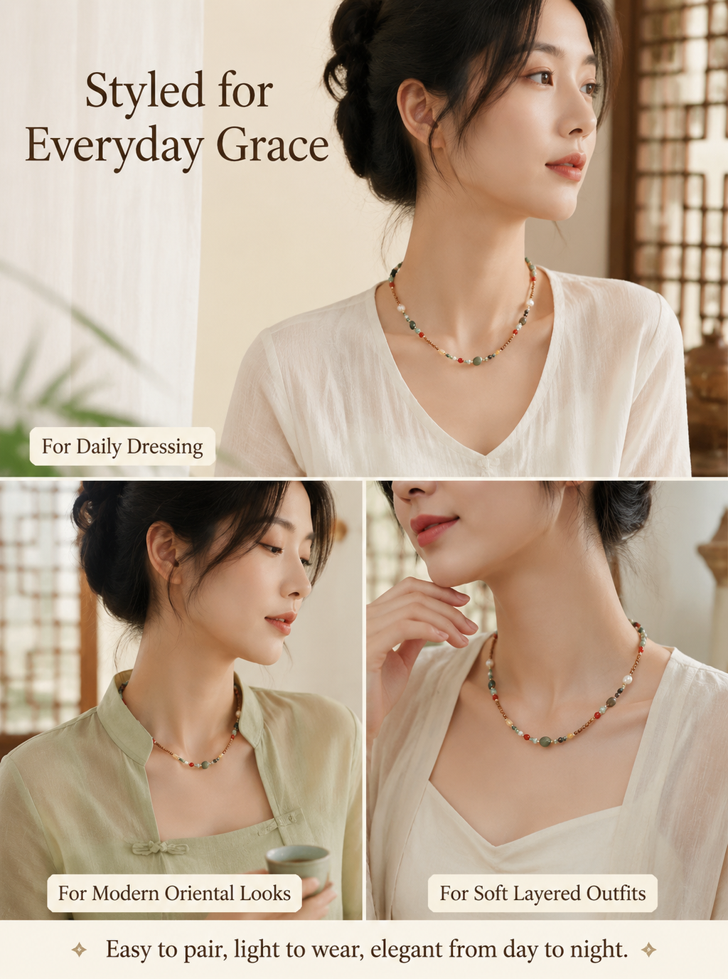 Traditional Palette Gemstone Necklace – Natural Jade, Agate & Pearl Beads | Earth-Tone Cultural Jewelry | Poetic Everyday Wear