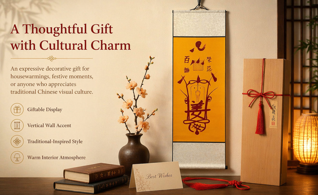 Hand-drawn-empowerment-Taoist Folk Talisman Scroll – Saffron & Cinnabar Hanging Wall Art | Traditional Chinese Folk Symbolism | Study, Tea Room & Living Space
