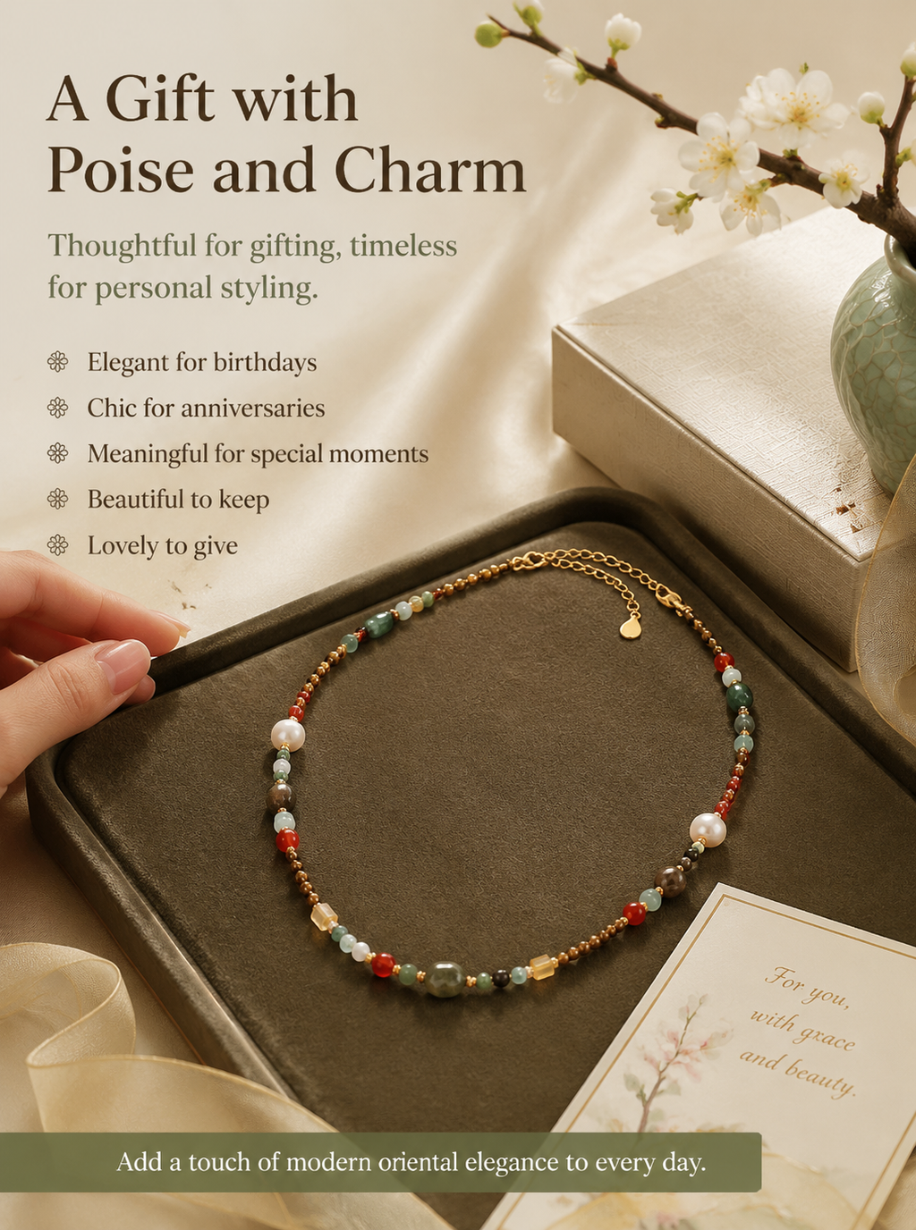 Traditional Palette Gemstone Necklace – Natural Jade, Agate & Pearl Beads | Earth-Tone Cultural Jewelry | Poetic Everyday Wear