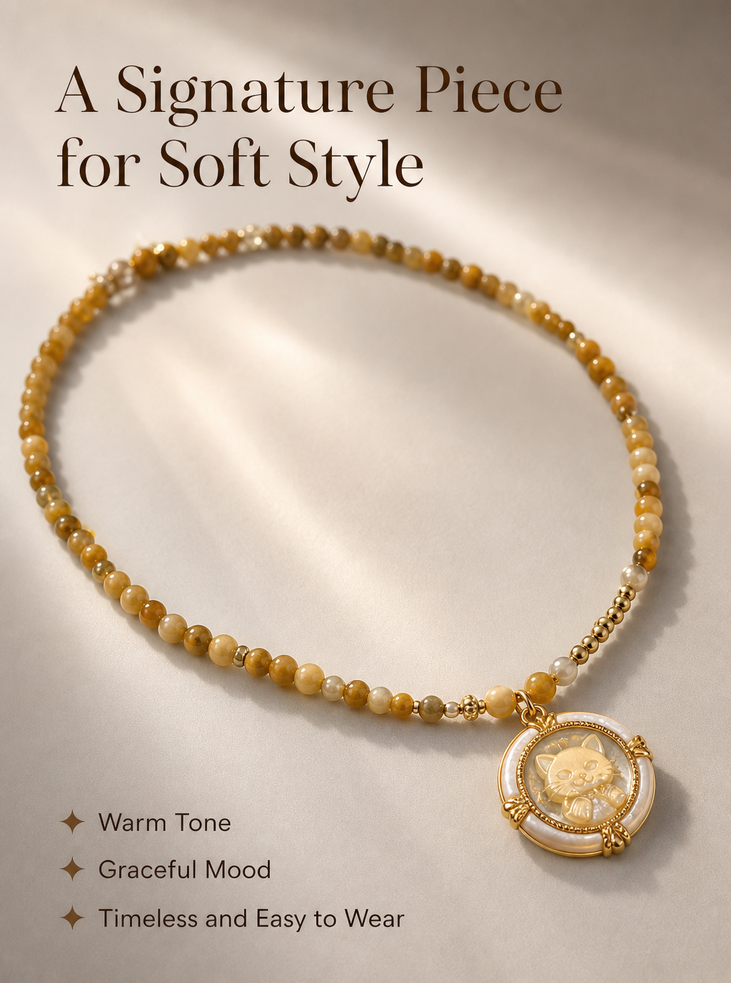 Tiger Eye & Shell Pearl Pixiu Pendant Necklace – Natural Gemstone Beaded Strand | Gold Carved Medallion | Wealth & Protection