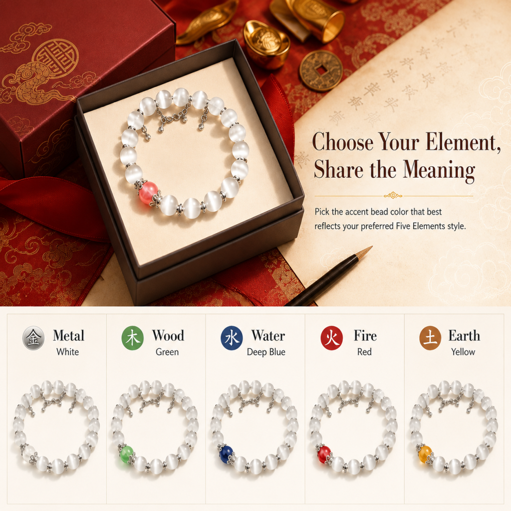 White Moonstone Cat's Eye Bracelet – Five Elements Accent Bead | Silver Charm & Lobster Clasp | Feng Shui Crystal Jewelry