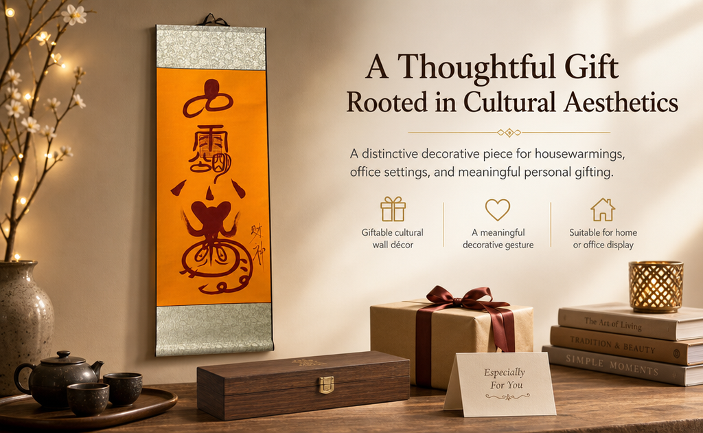 Hand-drawn-empowerment-Taoist Rain & Mountain Spirit Scroll – Saffron Hanging Wall Art | 5-Space Versatile Display | Entryway, Study, Tea Room, Meditation & Business